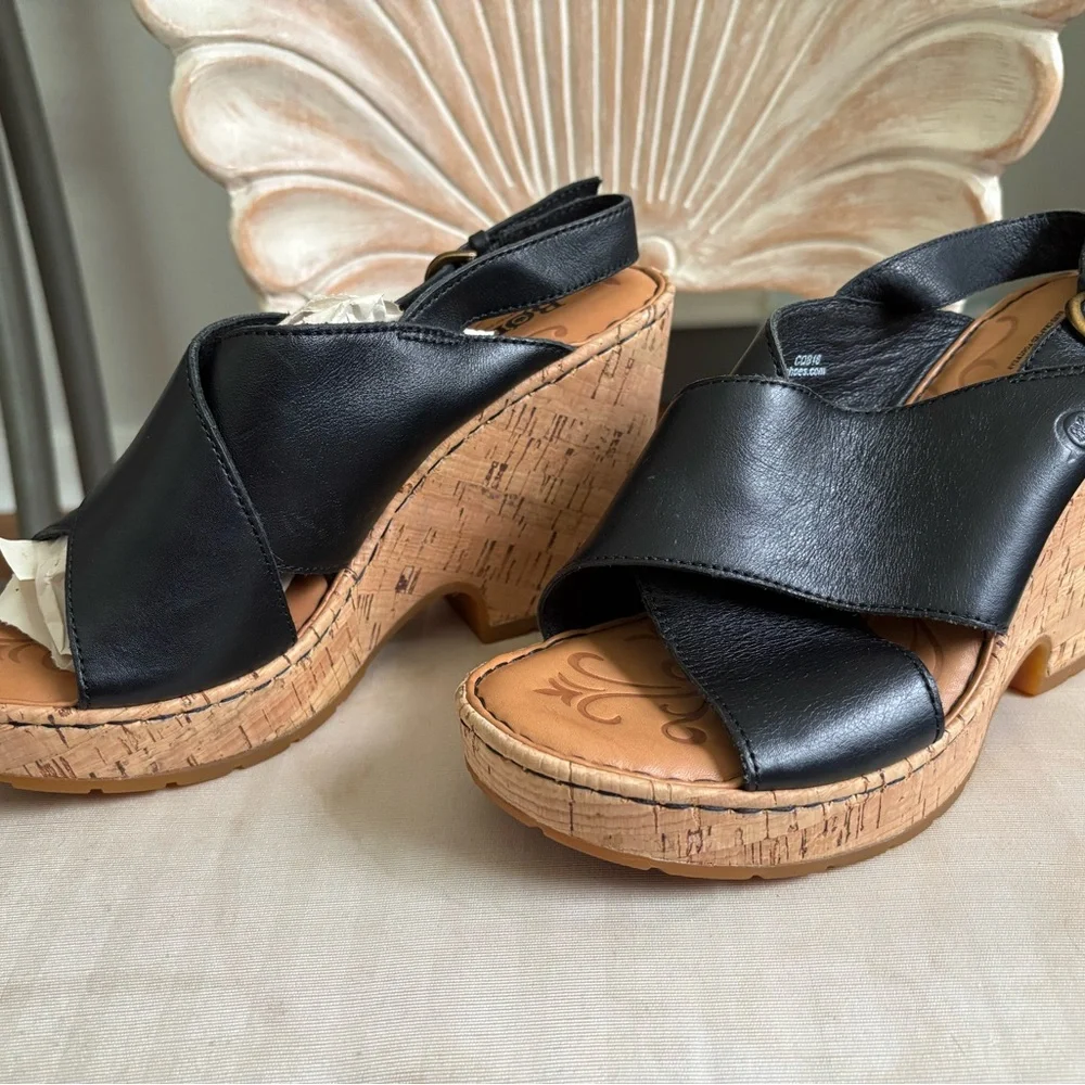 Born Black Leather Cork Wedge Sandals